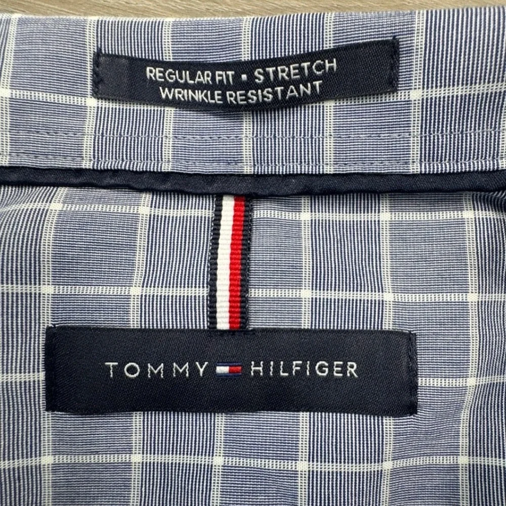 Tommy Hilfiger Mens Regular Fit Stretch Wrinkle Resistant Blue Plaid Shirt‎ XL